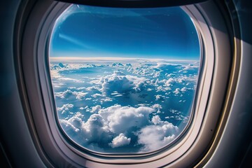 A window on an airplane with a blue sky and clouds,