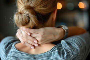Naklejka premium Woman with Blonde Hair Holding her Neck in Pain