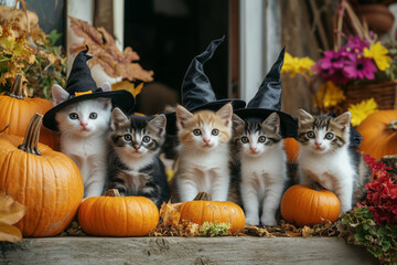 Five playful kittens in charming witch hats sitting on the porch surrounded with bright orange pumpkins and vibrant fall flowers, creating a festive Halloween atmosphere. Autumn, fall holidays.