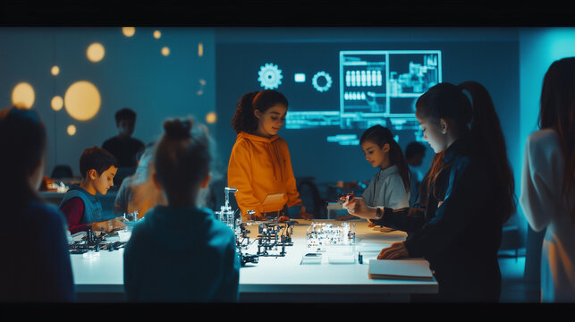 Students collaborating on project and constructing robots in advanced lab environment - Powered by Adobe