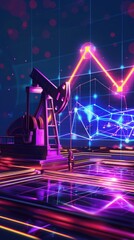 Glowing oil pump jack with digital graphs of oil prices on a dark background. oil industry and financial analysis