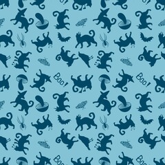 Halloween animals seamless cats and pumpkins pattern for wrapping paper