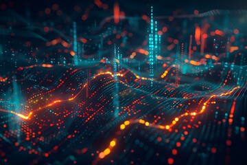 Abstract digital landscape of stock market trends with interwoven charts, glowing data points, and futuristic financial symbols against a dark backdrop.