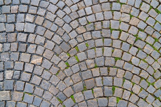 A charming cobblestone street showcases a radial pattern of gray stones, lined with colorful buildings. Weeds peek through the cracks, adding a touch of nature to this historic scene, ideal for