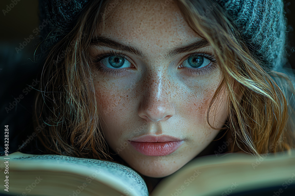 Poster a person with a contemplative expression, writing in a journal or diary. concept of reflection and s