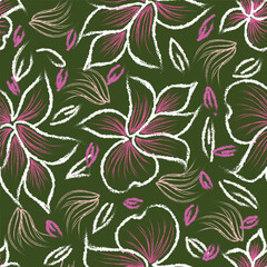 Small colorful flowers and brown flowers, hand drawn. Seamless on a light yellow background. Designed for fabric, fashion, textiles, wallpaper,