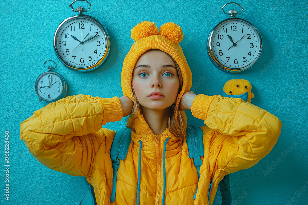 Poster a person performing a series of daily tasks, from waking up to going to sleep, showing the routine c