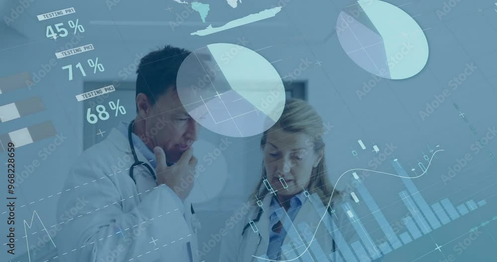 Poster animation of data processing and diagrams over caucasian doctors talking in hospital