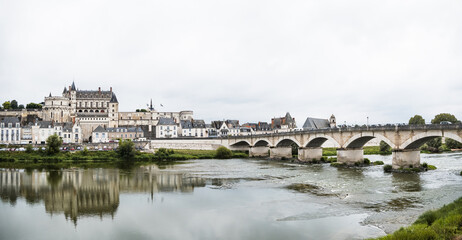 Panorama of Amboise Castle and bridge by Loire river in France