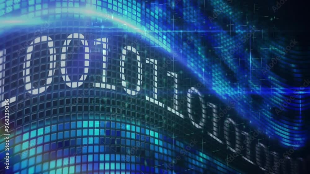 Poster animation of white shapes moving over binary coding