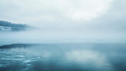 Obraz premium Misty winter landscape with frozen lake and foggy horizon, serene nature scene. Tranquil winter serenity concept