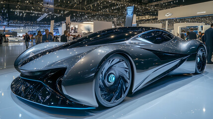 A futuristic concept car on display at an auto show with sleek lines and advanced features.