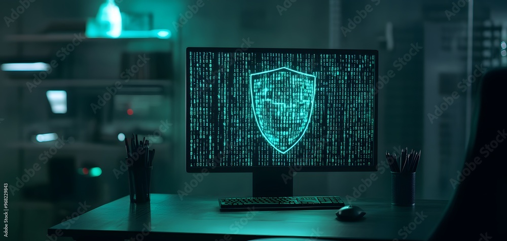 Poster a modern computer screen displaying a digital shield symbol in a dark environment, emphasizing cyber