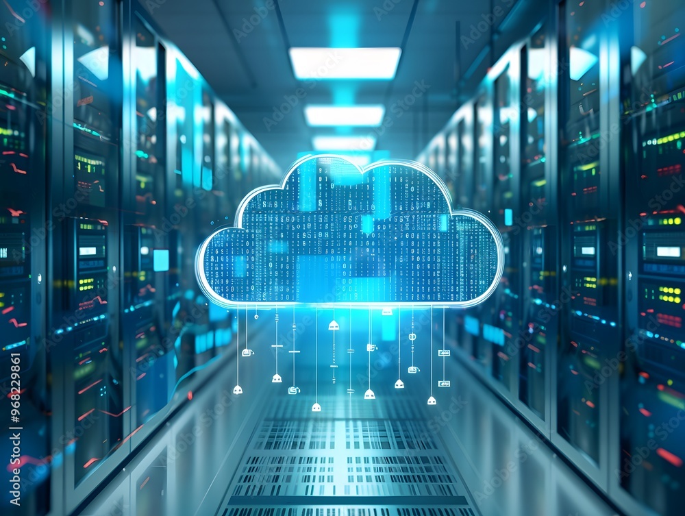 Poster a modern data center featuring cloud computing technology with glowing servers and digital elements,