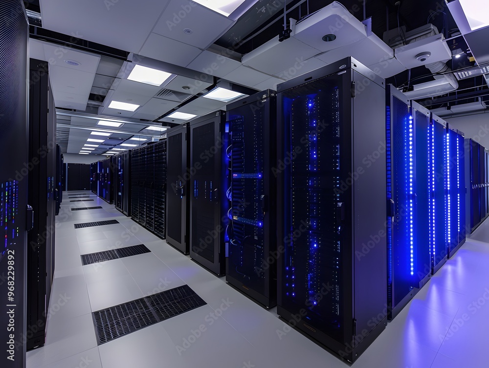 Aufkleber a modern data center featuring rows of server racks illuminated by blue lights, showcasing advanced 
