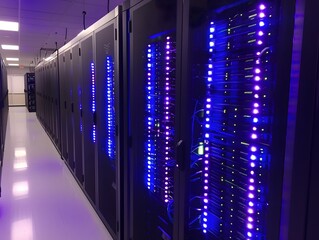 Fototapeta premium A modern data center filled with high-tech servers illuminated by vibrant blue lights, showcasing advanced technology.