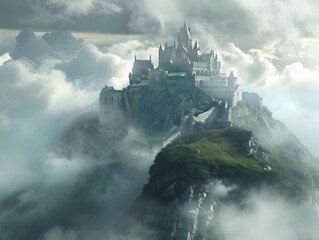 Fototapeta premium Magnificent fantasy castle perched atop a misty hill with dramatic clouds