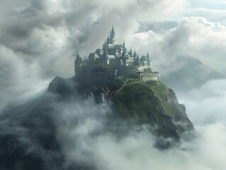 Fototapeta premium Magnificent fantasy castle perched atop a misty hill with dramatic clouds