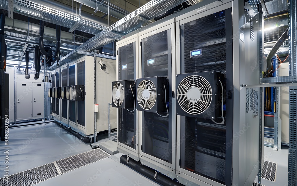 Poster a modern server room featuring high-tech equipment and cooling systems for optimal performance and d