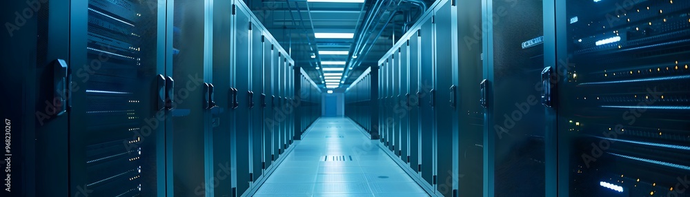 Poster a modern server room with blue lighting and sleek design, showcasing rows of data storage units and 