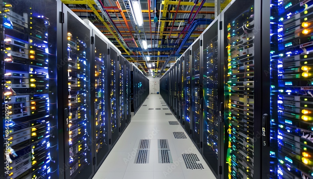 Poster a modern server room with rows of servers and colorful cables, showcasing advanced technology and da