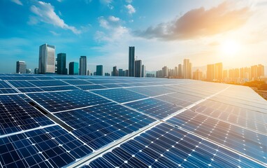 A modern rooftop solar panel installation capturing sunlight against a vibrant city skyline, showcasing renewable energy.