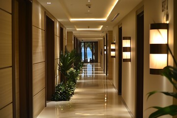Contemporary beachside hotel corridor with elegant modern design and stylish finishes.
