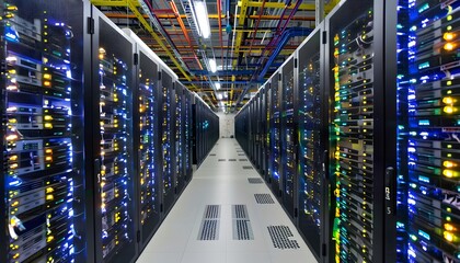 A modern server room with rows of servers and colorful cables, showcasing advanced technology and data storage solutions.
