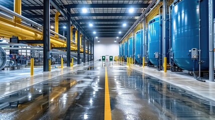 A large industrial building with a wet floor and yellow lines