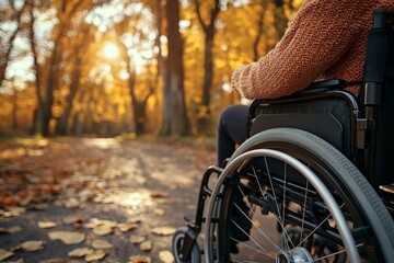 A person in a wheelchair enjoys a peaceful autumn scene. Golden leaves and sunlight create a warm atmosphere. Nature brings joy and accessibility to all. Generative AI