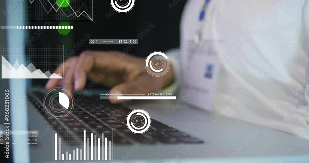 Poster animation of data processing and diagrams over biracial male worker using laptop in server room