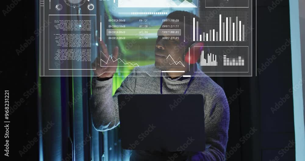 Aufkleber animation of data processing and diagrams over biracial male worker using laptop in server room