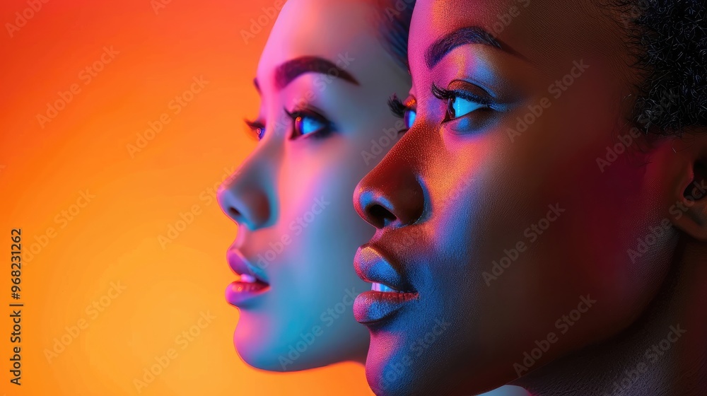 Wall mural two women faces portrait on orange background