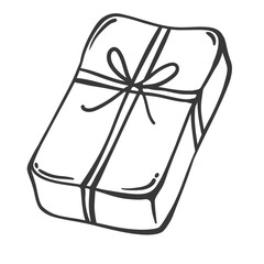 Gift box wrapped with craft paper and string bow line icon. Outline rectangular bag with rope bow decoration. Birthday present, holiday mascot, hand drawn cute gift package icon vector illustration