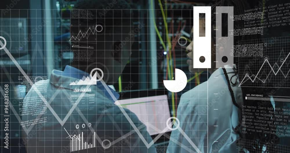 Poster animation of data processing and diagrams over biracial workers using laptop in server room