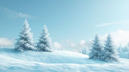 Fototapeta premium Sunlit forest of fluffy spruce trees blanketed in snow with white snowdrifts in the field winter landscape banner
