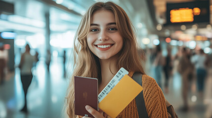 Excited young woman smiling with her passport and boarding pass at the airport, looking forward to her upcoming trip