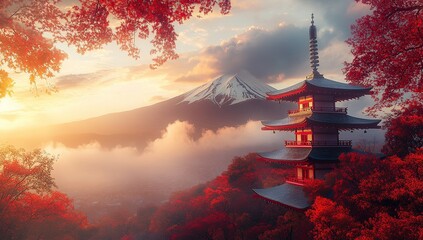Naklejka premium Cinematic shot of Chureito pagoda at sunset with Mount Fuji in the background, with red and white colours