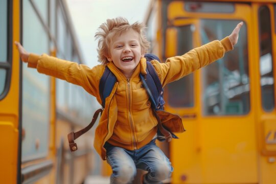 Emotional boy student kid with funny face expression jumping near yellow bus on 1 September day. Education and back to school concept. Child pupil ready to learn and study