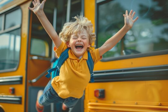 Emotional boy student kid with funny face expression jumping near yellow bus on 1 September day. Education and back to school concept. Child pupil ready to learn and study