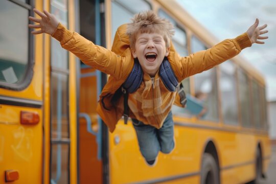 Emotional boy student kid with funny face expression jumping near yellow bus on 1 September day. Education and back to school concept. Child pupil ready to learn and study - Powered by Adobe