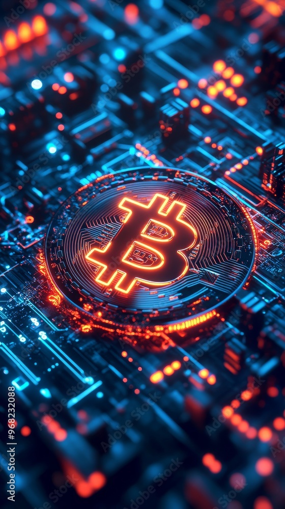Poster bitcoin symbol on digital circuit board with neon lights, futuristic technology concept