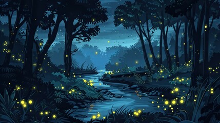 Nighttime Forest with a River and Fireflies