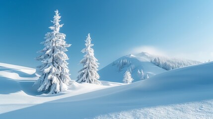 Obraz premium Spruce trees gracefully bending under snow in snowy mountains with a stunning clear blue sky winter Scandinavian landscape banner
