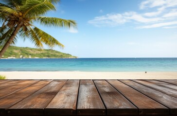 Wooden podium to present products with beach in the background. Minimalist and clean design in blue and wood. Mockup for branding, packaging