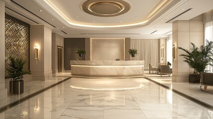 Elegant and spacious reception area in a luxury hotel with refined aesthetics.