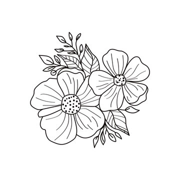 Vector black flowers bouquet, illustration outline image, botanical lines art flower, Minimalist contour drawing of flower. line drawing of flower botany.Hand drawn sketch of flower with leaves.