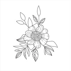 Vector black flowers bouquet, illustration outline image, botanical lines art flower, Minimalist contour drawing of flower. line drawing of flower botany.Hand drawn sketch of flower with leaves.