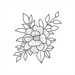 Vector black flowers bouquet, illustration outline image, botanical lines art flower, Minimalist contour drawing of flower. line drawing of flower botany.Hand drawn sketch of flower with leaves.