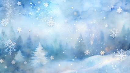 Naklejka premium Watercolor background featuring a serene winter landscape with snowy trees and delicate snowflakes, tranquil and festive 